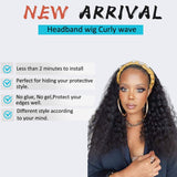 Deep Curly Human Hair Wig Glueless None Lace Front Wigs Headband Human Hair Wigs for Black Women 9A Brizilian Virgin Hair Machine Made Headband Human Hair Wig (14 Inch, Natural Color)