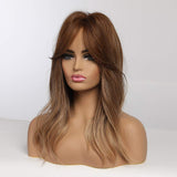 16" Ombre Brown Blonde Wigs Natural Straight Synthetic Heat Resistant Wigs for Women Layered Shoulder Length Hairstyle Fiber Wigs