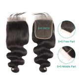 5X5 Closure Human Hair Pre Plucked Bleached Knots Baby Hair Around Brazilian Virgin Hair 130% Density Grade 8A Natura Color Body Wave Closure 10 Inch