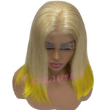Ombre Blonde Wigs Lace Front Wig Glueless Human Hair 12inch Straight Short Bob Wigs Pre Plucked 150% Density 13x4 Middle Part Bleached Knots 2 Blonde to Yellow Hair Ends for Women #613/yellow