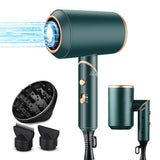 Ionic Hair Dryer, GooDGo 1800W Professional Blow Dryer with Powerful AC Motor, Green Foladable Hairdryer with 2 Nozzles and 1 Diffsuer for Home, Travel, Salon and Hotel