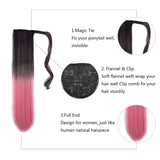 Ombre Straight Ponytail Curly Wavy Wrap Around Ponytail Hair Piece 22 Inch Magic Paste Tails Clip in Ponytail (bright pink)