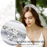 Fashband Crystal Bridal Headpiece with Veil Wedding Headband for Brides Pearl Hair Vine Rhinestone Handmade Floral Updo Hair Accessories for Women (E)