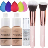 PHOERA Foundation 102 and 104 & Face Primer,Liquid Full Coverage Foundation Set,Foundation Brush Powder Brush,5 Makeup Sponge,30ml PHOERA 24HR Matte Oil Control Concealer (Buff Beige #104)(Nude #102)