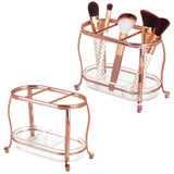 mDesign Decorative Makeup Brush Storage Organizer Tray Stand for Bathroom Vanity Counter Tops, Dressing Tables, Cosmetic Stations - 3 Sections with Removable Bottom Tray - 2 Pack - Rose Gold/Clear