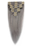 FIRSTLIKE 20 Inch Granny Gray Remy Human Clip in Hair Extensions 8 Pcs 18 Clips on Full Head Straight Silky Wigs