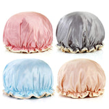 4 Packs Shower Cap Double Layer Elastic Waterproof Luxury Silky Satin Bath Cap with Ruffled Edge for Men & Women Shower