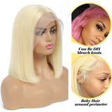 613 Human Hair Wigs Blonde Lace Front Short Bob Wig for Black Women Middle Part Glueless 13x1x4 Lace Frontal Wigs Bleached Knots Pre Plucked With Elastic Bands 10 inch