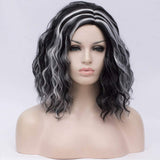 BUFASHION 14" Women Short Wavy Curly Wig For Cosplay Halloween Synthetic Wigs Ombre Green Bob Wigs For Women (Black with White)