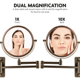 Ovente Wall Mounted Vanity Makeup Mirror 9 Inch with 10X Magnification and Extendable Arm, Double-Sided with 360 Degree Swivel Mechanism and Zero Distortion, Antique Bronze (MNLFW90ABZ1X10X)