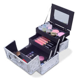 Mini Makeup Train Case 9.5" Aluminum Professional Cosmetic Organizer Box with Mirror (Silver Diamond)