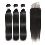 FASHOW Straight Bundles with Closure 9A Brazilian Human Hair Bundles with Closure 100% Virgin Brazilian Straight Hair Weave 3 Bundles with 4x4 Free Part Lace Closure (14 16 18+12 Inch)