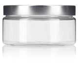Clear PET Plastic (BPA Free) Refillable Low Profile Jar with Silver Metal Lid - 8 oz (12 Pack) + Spatulas