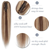 100% Remy Human Hair Ponytail Extension One Piece Claw/Jaw Clip Ponytail Hairpiece Clip In Pony Tail Extensions For Girl Lady Women Long Straight #4P27 Medium Brown&Dark Blonde 22'' 120g