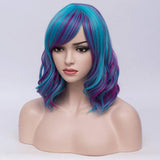 BERON Women's Short Blue Wavy Bob Wig Curly Wig with Bangs Halloween Cosplay Wig Daily Use Synthetic Wigs (Blue Purple)