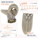 Fshine Clip in Hair Extensions Human Hair Double Weft Thick 100 Gram 18 Inch Natural Real Hair Clip on Individual 10 Pieces Full Head Balayage Clip ins Hair Gray Blonde Fading to Platinum Highlights