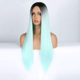 izhenwo Long Straight Ombre Cosplay Costume Wig for Woman Mint Green Black Roots Full Wigs Long Middle Part Wig (mint green)