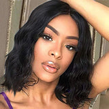 WIGNEE Loose Wave Bob Lace Part Wigs 100% Virgin Brazilian Human Hair Middle Part Wave Wigs for Women Glueless Wig Natural Black Color (Natural Black Loose Wave Bob)