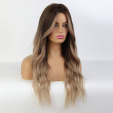 Blonde Unicorn Ombre Brown Hair Wig Synthetic Long Curly Hair Wigs for Women Middle Part Hair Replacement Wig with Bangs(10/22T85-8)