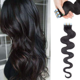 20 PCS Rooted Tape In Hair Extensions Human Hair Invisible Seamless Skin Weft Body Wave Highlight Double Side Tape Remy Human Hair Extensions Balayage Wavy For Women (24'',50g/20pcs,#1 Jet Black)