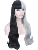 Sotica 26” Long Wavy Curly Wigs 2 Tones Half Black and Half Silver White Wigs with Flat Hair Bangs Natural Looking Heat Resistant Synthetic Full Hair Wigs for Women