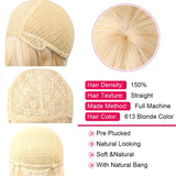613 Blonde Straight Human Hair Wigs with Bangs Machine Made Wigs Brazilian Virign Straight Wigs 20 Inch Honey Blonde Human Hair Wigs 150% Density