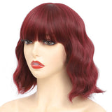 Bob Wigs for Women Short Curly Wavy Wigs with Bangs Natural Heat Resistant Synthetic Hair Red Daily Party Full Wig (Wine Red)