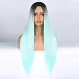 izhenwo Long Straight Ombre Cosplay Costume Wig for Woman Mint Green Black Roots Full Wigs Long Middle Part Wig (mint green)