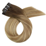Moresoo Seamless Clip in Hair Extensions 14inch Balayage Real Hair Extensions Clip in Human Hair #3/8/22 Brown with Medium Blonde Clip in Extensions Silky Straight 7pcs 100g