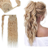 22 Inches Wrap Around Human Hair Ponytail Extensions 100% Remy Human Hair Long Corn Wave Curly With Comb Clip in One Piece Pony Tail Extensions For Girl Lady Women #613 Bleach Blonde 22'' 95g
