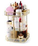 MOOCHI Golden Vintage Glass 360 Degree Rotation Makeup Organizer Countertop Cosmetics Storage Display Case for Brushes Lipsticks Skincare Large Holder