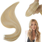 Hetto Tape in Hair Skin Weft Tape in Real Human Hair Extensions Color #27 Strawberry Blonde and #613 Blonde Seamless Virgin Hair for Fashion Women 20 Pieces 50Grams 22 Inch