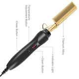 Gold Plated Heated Styling Comb Electric Hot Straightening Heat Pressing Comb Ceramic Curling Flat Iron Curler Designed Hair Straightener Curling Iron for Natural Black Hair,Wigs,Beards (Gold)