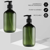 TEJAL 16oz Plastic Bottles with Pump, 8 Pack Liquid Soap Pump Bottles - Dark Green, Refillable Bottle for Cooking Sauces, Essential Oils, Bathroom, Kitchen, Office, Laundry Room, Lotions and More!