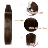 20 PCS Tape In Human Hair Extensions Seamless Skin Weft Invisible Hair Extensions Double Side Tape Hightlight Balayage Long Silk Straight For Women (20'',50g/20pcs,#2 Dark Brown)