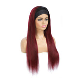 Burgundy Straight Human Hair Headband Wig 1 Piece, Ombre Red Wine Dark Root Brazilian Virgin Hair with None Lace Front Wigs for Black Women (16", 1B/Burgundy, Straight)