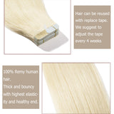 16 18 20 22 Inch Tape in Human Hair Extensions 100% Remy Straight Human Hair Professional Seamless Tape Skin Weft Extensions 40pcs 80g/pack Platinum Blonde (16'',#60)+ 20pcs Free Tapes