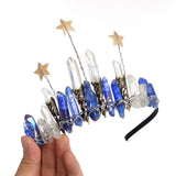 Raw Crystal Quartz Crown Crossed Clear Crystal Headband Tiara Handmade (Blue Raw Crystal with Star)