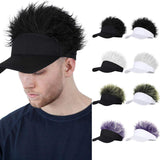 Qlenkay Sun Visor Hat with Novelty Fake Hair Adjustable Golf Baseball Cap Attached Flair Spiked Hairpiece Peaked Wig for Halloween Cosplay Party Natural Black
