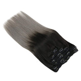 14inch Black to Grey Clip in Hair Extensions Ombre Human Hair 7PC/100G Thick Clip in Ombre Hair Extensions Full Head Set