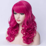 BERON Long Curly Wavy Hot Pink Wig with Bangs Rose Net Women's Halloween Cosplay Party Costume Wig (Hot pink)