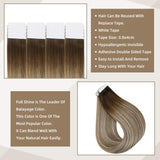Full Shine Tape in Hair Extensions Remy Human Hair 12 Inch Glue in Hair Extensions 3 Dark Brown Fading to Ash Brown and Blonde Seamless Tape in Hair Double Sided