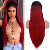 DLME Red Lace Front Wig Glueless Natural Hairline Middle Part High Temperatutre Fiber Long Straight Wig with Dark Roots Wigs For Women