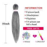 Afro 8 Pack Pre Stretched Braiding Hair Braiding Crochet Hair Extensions Ombre Colors Professional Easy Braids Itch Free Hot Water Setting Kanekalon Synthetic Fiber (18" 8packs, Tgray)