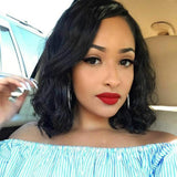 Molefi Wavy Wigs for Black Women Body Wave Human Hair Side Parting Wig Shoulder Length Natural Black Color Machine Made Regular Glueless Wig with Lace Part