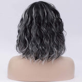 BUFASHION 14" Women Short Wavy Curly Wig For Cosplay Halloween Synthetic Wigs Ombre Green Bob Wigs For Women (Black with White)