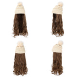 XBwig Beanie Hat With Hair Wigs For Women 20 inch Long Curly Wavy Synthetic Detachable Wig Warm Soft Ski Knitted Winter Cap With Beige Pom Pom Light Chestnut Brown -Beige Hat