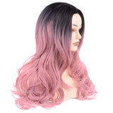 Ombre Pink Wigs Middle Part Long Synthetic Hair Wigs Dark Roots 2 Tones No Bangs for Women Girl Festival, Party, Cosplay(Black to Pink)
