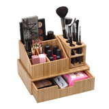 Bamboo Makeup Organizer Complete Combo, 3 PC set INCLUDES: 5 Section Brush Holder, 4 Compartment Cosmetic Caddy & Drawer for added extra storage space