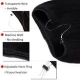 16 Inch Human Hair Hidden Crown Wire Hair Extensions Secret Fish Line in Hairpieces Long Straight No Clips No Glue Invisible Extensions 60g #1 Jet Black
